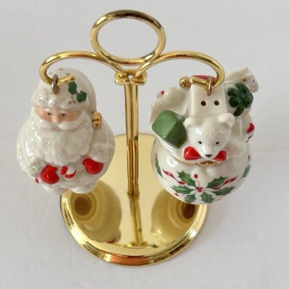 Lenox Santa Sack of Toys Salt And Pepper Shaker Set With Gold Stand Christmas De - Picture 1 of 6